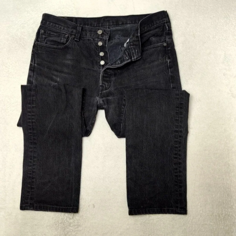 Levis 501 Jeans Mens 34x29 Black Straight Charcoal Wash Distressed Button Fly